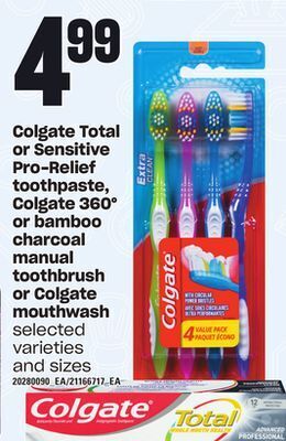 Loblaws Colgate total or sensitive pro-relief toothpaste, colgate 360° or bamboo charcoal manual toothbrush or colgate mouthwash offer