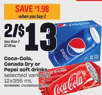 Loblaws Coca-cola, canada dry or pepsi soft drinks, 12x355 ml offer
