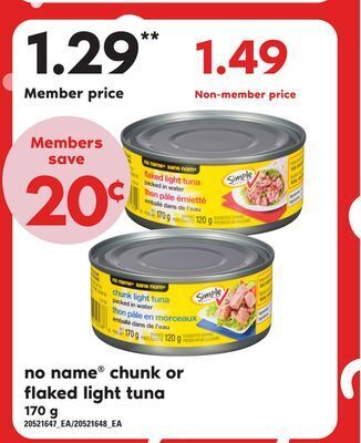 Loblaws No name® chunk or flaked light tuna, 170 g offer