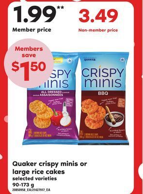 Loblaws Quaker crispy minis or large rice cakes, 90-173 g offer