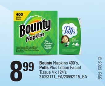 Loblaws Bounty napkins, 400's, puffs plus lotion facial tissue, 4 x 124's offer