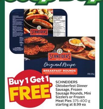 Sobeys Schneiders oktoberfest dinner sausage, frozen sausage rounds, mini sizzlers or frozen meat pies offer