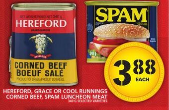 Food Basics Hereford, grace or cool runnings corned beef, spam luncheon meat offer