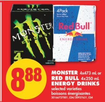 No Frills Monster, 4x473 ml or red bull, 4x250 ml energy drinks offer