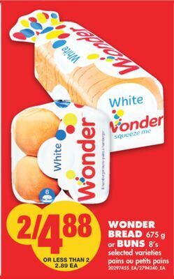 No Frills Wonder bread 675 g or buns 8's offer