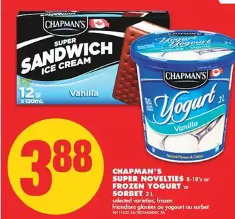 No Frills Chapman's super novelties, 8-18's or frozen yogurt or sorbet, 2 l offer