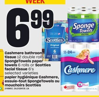 Independent Grocer Cashmere bathroom 12 double rolls, spongetowels paper towels 6 rolls or scotties facial tissue 6's offer