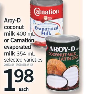 Fortinos Aroy-d coconut milk 400 ml or carnation evaporated milk 354 ml offer