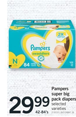 Fortinos Pampers super big pack diapers, 42-84's offer