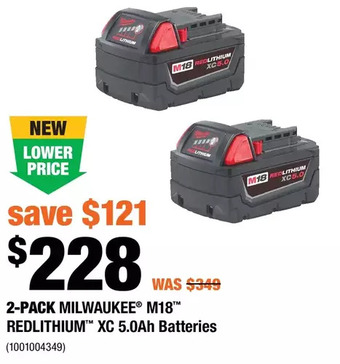 Home Depot 2-pack milwaukee m18 redlithium xc 5.0ah batteries offer