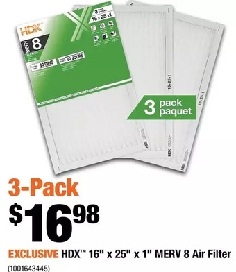 Home Depot Hdx 16" x 25" x 1" merv 8 air filter offer