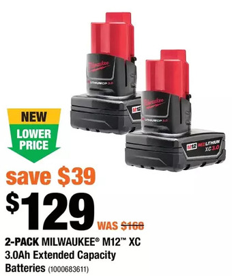 Home Depot 2-pack milwaukee m12 xc 3.0ah extended capacity batteries offer