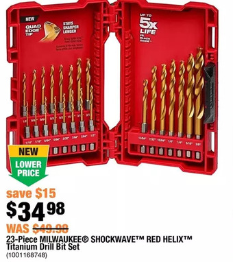 Home Depot 23-piece milwaukee shockwave red helix titanium drill bit set offer