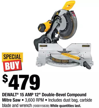 Home Depot Dewalt 15 amp 12" double-bevel compound mitre saw offer