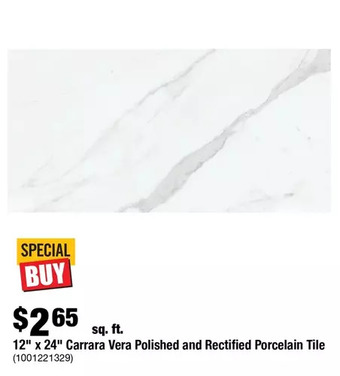 Home Depot 12" x 24" carrara vera polished and rectified porcelain tile offer