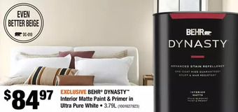 Home Depot Behr dynasty interior matte paint & primer in ultra pure white offer