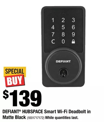 Home Depot Defiant hubspace smart wi-fi deadbolt in matte black offer
