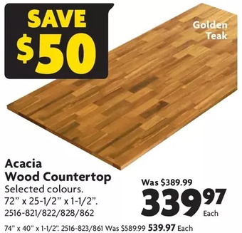 Home Hardware Acacia wood countertop: 72" x 25-1/2" x 1-1/2" | 74" x 40" x 1-1/2" offer