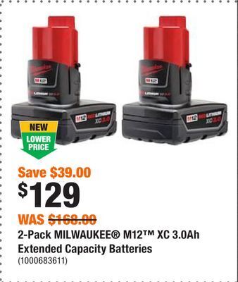 Home Depot 2-pack milwaukee® m12™ xc 3.0ah extended capacity batteries offer