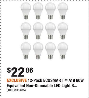 Home Depot Exclusive 12-pack ecosmart™ a19 60w equivalent non-dimmable led light bulbs offer