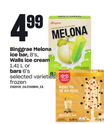 Zehrs Markets Binggrae melona ice bar, 8's, walls ice cream, 1.41 l or bars, 6's offer