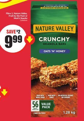 FreshCo Fibre 1 nature valley fruit by the foot or mott's snacks offer