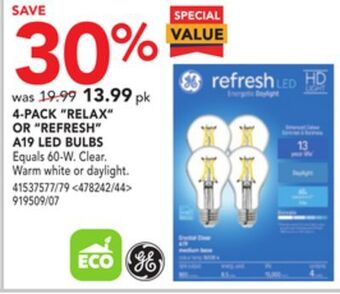 RONA Ge 4-pack "relax" or "refresh" a19 led bulbs offer