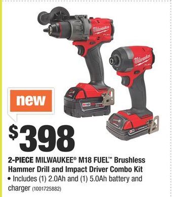 Home Depot 2-piece milwaukee® m18 fuel™ brushless hammer drill and impact driver combo kit offer