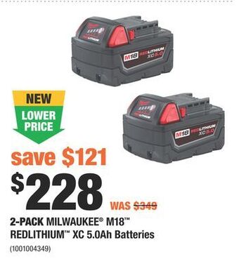 Home Depot 2-pack milwaukee® m18™ redlithium™ xc 5.0ah batteries offer