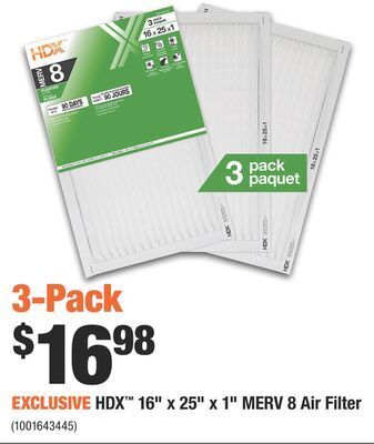 Home Depot Hdx™ 16" x 25" x 1" merv 8 air filter offer
