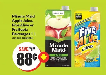 FreshCo Minute maid apple juice, five alive or fruitopia beverages offer