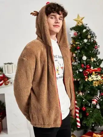 SheIn Shein men zip up 3d ears design hooded teddy jacket offer