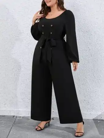 SheIn Plus lantern sleeve double button belted wide leg jumpsuit offer