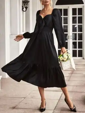 SheIn Sweetheart neck knot front lantern sleeve ruffle hem dress offer