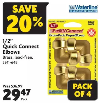 Home Hardware 1/2" quick connect elbows offer