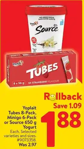 Walmart Yoplait tubes 8-pack, minigo 6-pack or source yogurt offer