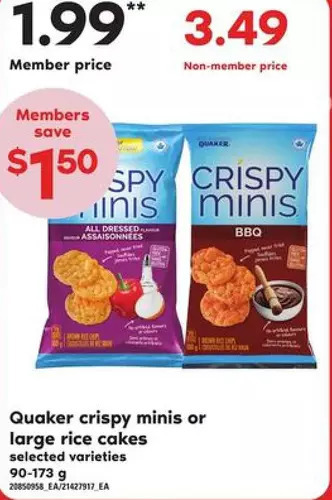 Zehrs Markets Quaker crispy minis or large rice cakes offer