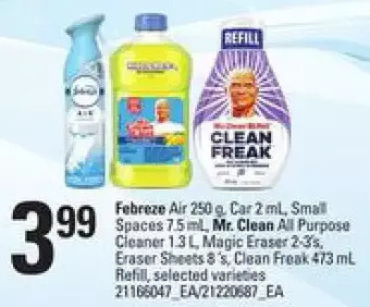 Loblaws Febreze air, car, small spaces, mr. clean all purpose cleaner, magic eraser, eraser sheets, clean freak, refill offer