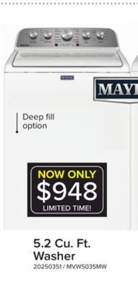 Leon's Maytag white top load washer with deep fill - (5.2 cu. ft.) - mvw5035mw offer