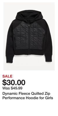 Old Navy Dynamic fleece quilted zip performance hoodie for girls offer