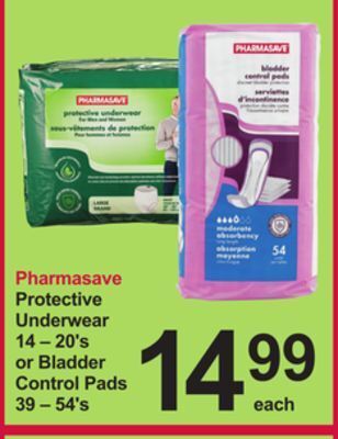 Pharmasave Pharmasave protective underwear 14 – 20's or bladder control pads 39 – 54's offer