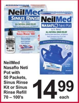 Pharmasave Neilmed nasaflo neti pot with 50 packets, sinus rinse kit or sinus rinse refill offer