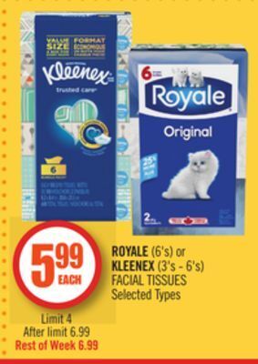 Shoppers Drug Mart Royale (6's) or kleenex (3's - 6's) facial tissues offer