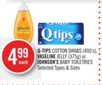 Shoppers Drug Mart Q-tips cotton swabs (400's), vaseline jelly (375g) or johnson's baby toiletries offer