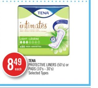 Shoppers Drug Mart Tena protective liners (50's) or pads (10's-30's) offer