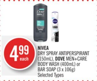 Shoppers Drug Mart Nivea dry spray antiperspirant (150ml), dove men+care body wash (400ml) or bar soap (3 x 106g) offer