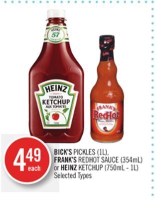 Shoppers Drug Mart Bick's pickles (1l), frank's redhot sauce (354ml) or heinz ketchup (750ml - 1l) offer