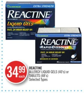 Shoppers Drug Mart Reactine allergy liquid gels (40's) or tablets (48's) offer