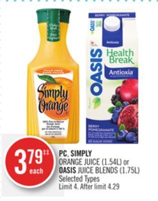 Shoppers Drug Mart Pc, simply orange juice (1.54l) or oasis juice blends (1.75l) offer