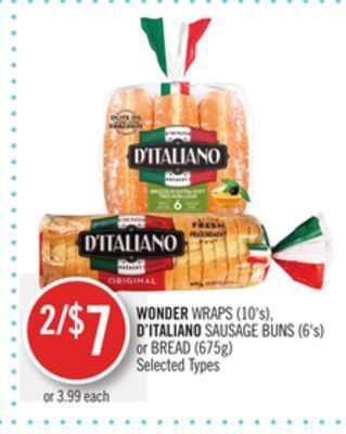 Shoppers Drug Mart Wonder wraps (10's), d'italiano sausage buns (6's) or bread (675g) offer